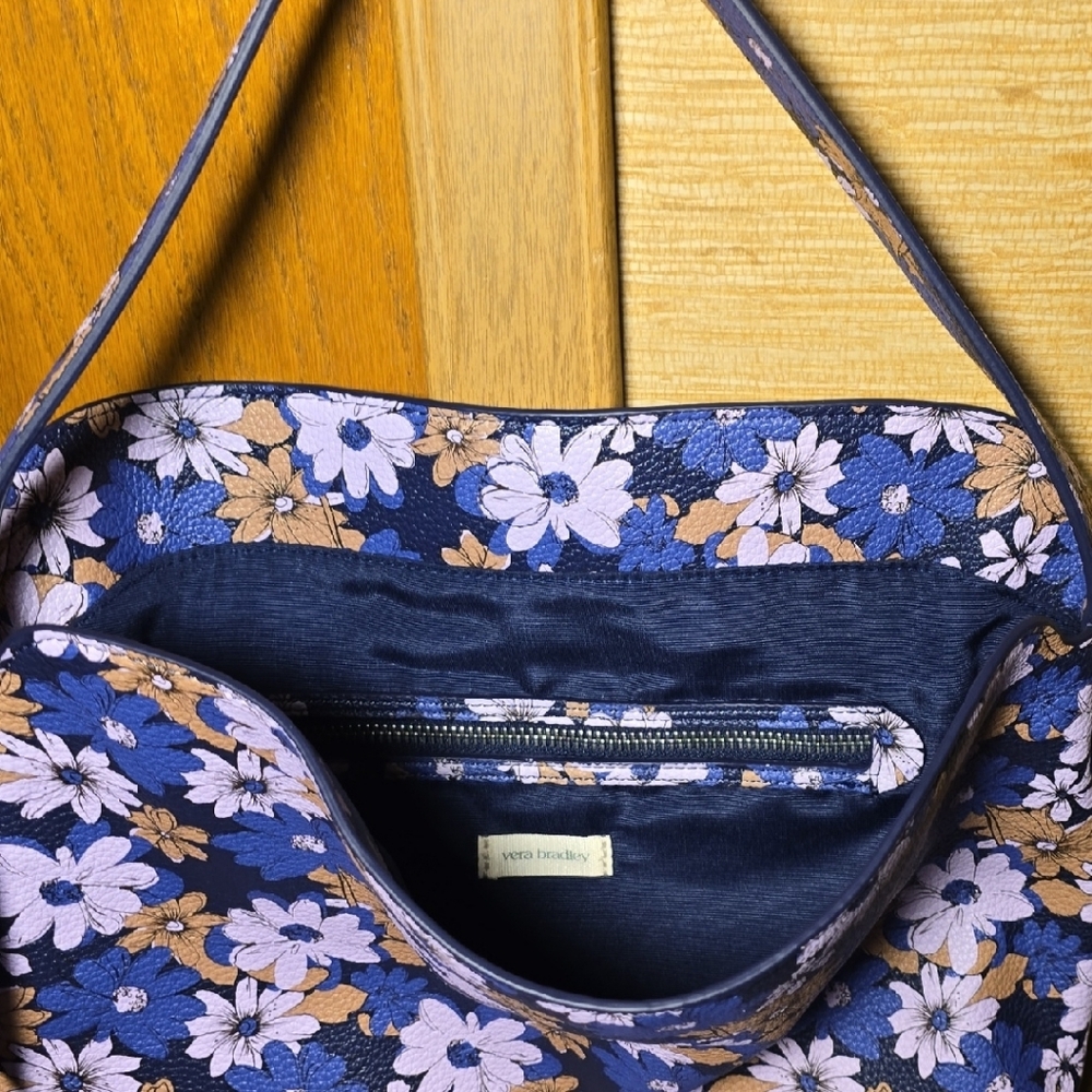 Vera Bradley Navy Blue Floral Shoulder Bag with Pink & Tan Flowers - Picture 3 of 7